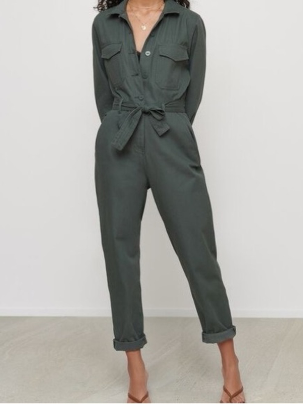 Dynamite Twill Long-Sleeve Romper With Belt Army Green Sz Small